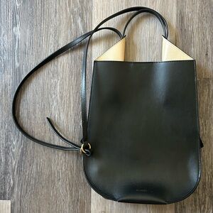 Black Leather Two-Tone Shoulder Bag with Cream Accents